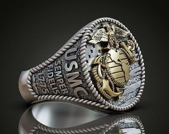 USMC Marine Corps Ring, Semper Fidelis Military Signet for Men, 925 Sterling Silver American Veteran Gift