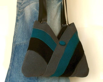 Crochet shoulder bag tote, Leather handles bag tote, Knitted bag tote, Handmade bag, Everyday women bag, Gray, turquoise and black colors