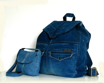 Denim Set zaino e Mini bag,Recycled Denim Backpack,Blue Boho Backpack,Denim Set per viaggi,Designer Jeans Rucksack,Fibbia di regolazione