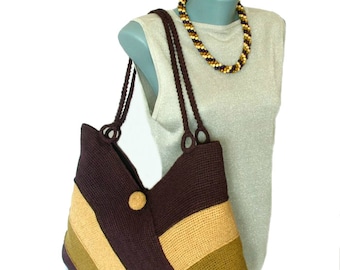 Crochet beach bag, Summer shoulder bag, Knitted beach bag tote, Everyday women bag, Handbag in violet, sand yellow and tobacco color