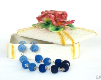 Blue natural handmade necklace, Colored linen, Blue ball crochet  bead jewelry,  Blue cotton bead eco friendly