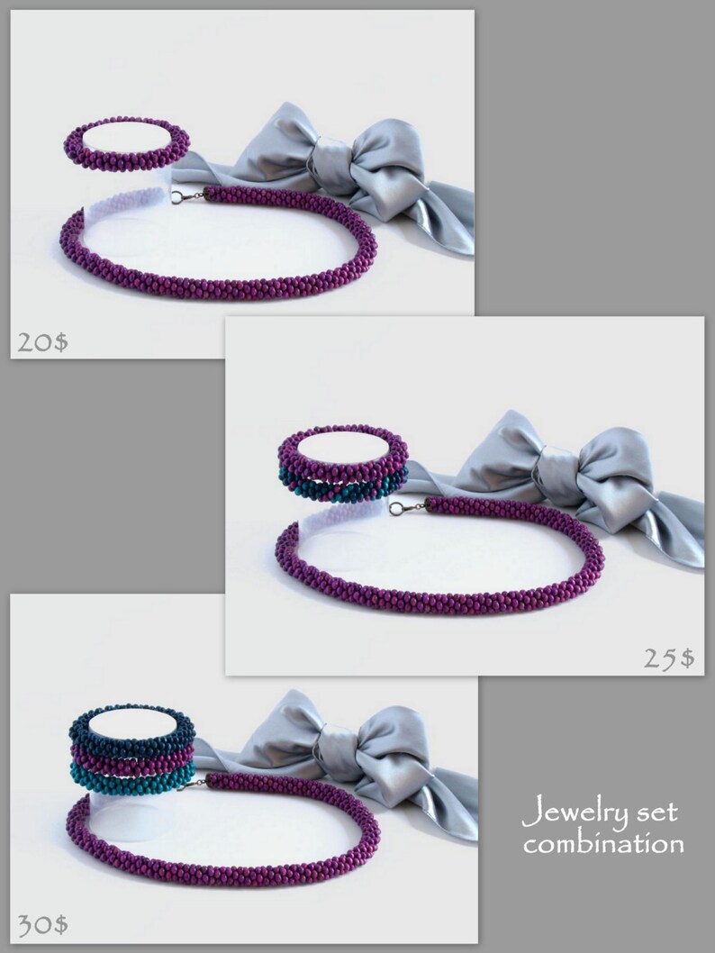 May include: Three sets of purple and teal beaded necklaces and bracelets. The necklaces are all the same length and the bracelets are all the same size. The jewelry is displayed on a white surface with a gray satin bow.