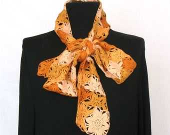Lace long spring scarf, autumn colors latent crochet scarf, handmade accessories, scarf of flowers, lacy crochet orange yellow scarf