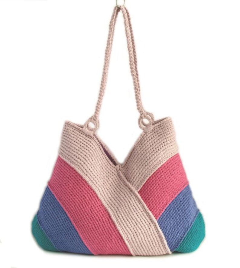 light and dark pink colors dark lilac bag in emerald green summer bag hand knitted bag picnic tote bag Modern beach handbag