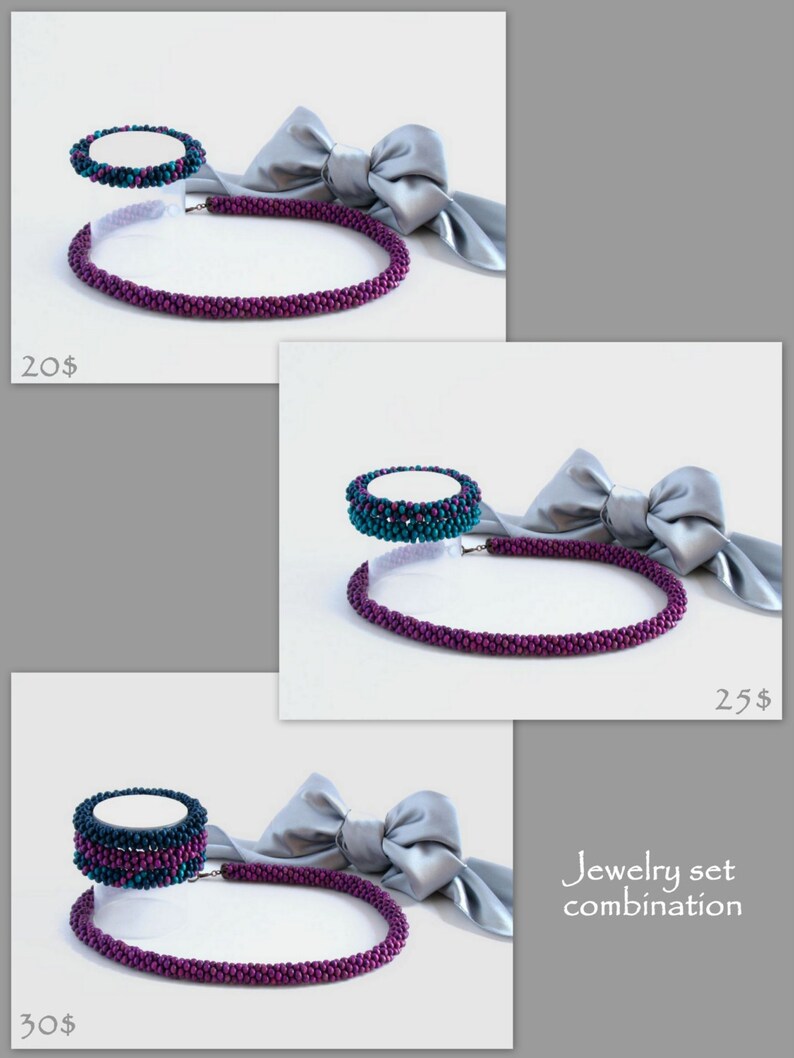 May include: Three sets of jewelry featuring a purple beaded necklace and a teal and purple beaded bracelet. The jewelry is displayed on a white surface with a gray satin ribbon tied in a bow.