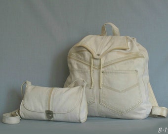 Beige Denim Set Backpack and Mini bag,Recycled Denim Backpack,Designer Jeans Rucksack, Hipster Boho backpack,Adjustment buckle,Travel Set