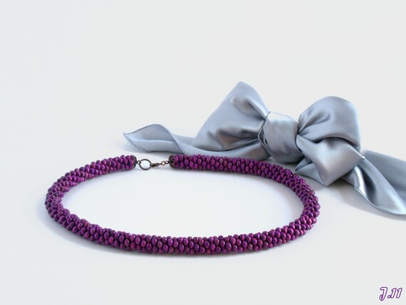 Indigo beaded crochet necklace, wooden bead necklace, fashion jewelry set, autumn jewelry, violet necklace