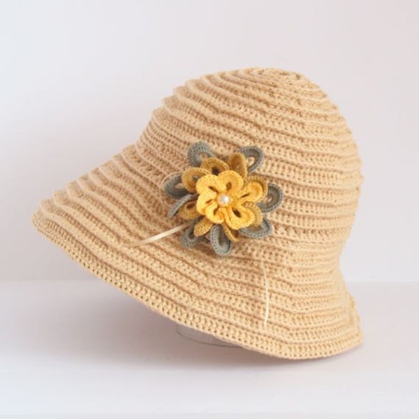 Beige Hat, woman hair accessories, hand crochet hat, cotton knitted hat, sun protective hat, hat with brim