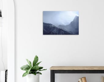 Blue Foggy Mountain Range Wall Art - Minimalist Mist Landscape Poster - Serene Nature Home Decor - Aesthetic Bedroom & Living Room Gift