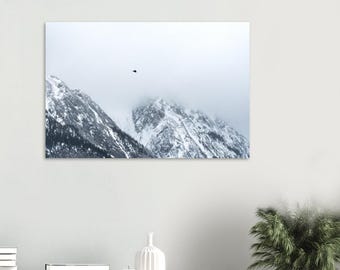 Serene misty mountains with flying bird photography print