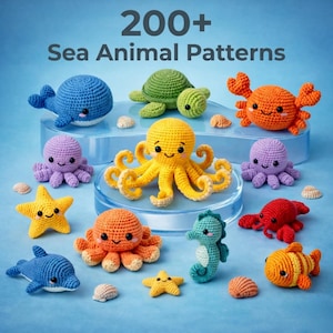 Pode incluir: Uma coleção de padrões de animais marinhos de crochê coloridos, incluindo uma baleia, tartaruga, caranguejo, polvo, estrela do mar, golfinho, cavalo-marinho, lagosta e peixe. A imagem inclui o texto "200+ Sea Animal Patterns".