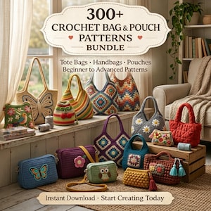 May include: A collection of crochet bags and pouches in various styles and colors, including tote bags, handbags, and pouches. The image features a variety of designs, including floral, butterfly, and geometric patterns. The text reads "300+ Crochet Bag & Pouch Patterns Bundle."