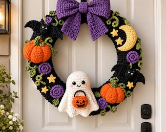 Halloween Crochet Wreath Pattern PDF, Ghost Pumpkin Bat Door Decor, Spooky Fall Amigurumi Wreath, Digital Download