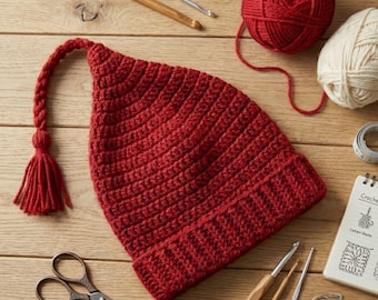 Wzór na czapkę „Roztop lód” w formacie PDF – czapka z czerwonym frędzlem (do pobrania w wersji cyfrowej)