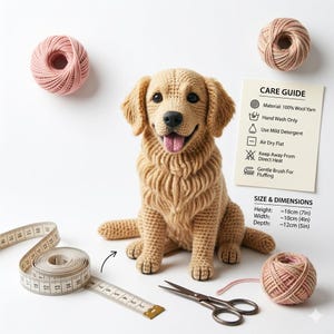 Könnte beinhalten: Gehäkelter Golden Retriever Hund mit fröhlichem Gesichtsausdruck, Zunge heraus. Der Hund ist von Garn, einem Maßband und einer Schere umgeben. Die Pflegeanleitung gibt an, dass der Hund aus 100 % Wolle besteht und etwa 18 cm groß ist.