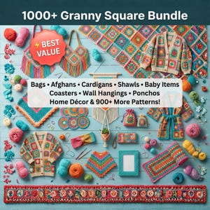 May include: A vibrant display of crocheted items, such as bags, cardigans, and baby clothes, showcasing granny square patterns. The image, set against a light blue backdrop, includes the text "1000+ Granny Square Bundle".