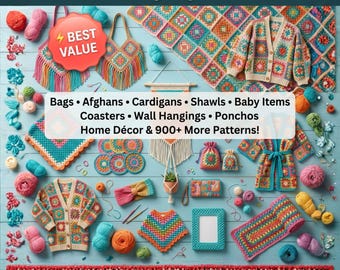 granny square crochet pattern bundle 1000 designs boho style afghan blanket cardigan bag and home decor patterns digital download pdf pack