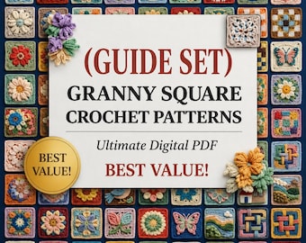 Granny Square Crochet Pattern Set, Floral Geometric Patchwork Motif, DIY Cardigan Blanket Tote Bag Project, PDF Digital Download