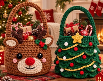 Christmas Crochet Basket Pattern PDF | Mini Holiday Baskets |Reindeer & Christmas Tree Gift Basket, Digital download