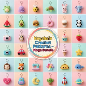 May include: A collection of thirty small crocheted keychains featuring various animals, food items, and objects, including a frog, octopus, bee, turtle, rabbit, elephant, watermelon, avocado, burger, donut, coffee cup, panda, camera, owl, cupcake, strawberry, car, ice cream, star, hedgehog, fox, sewing machine, flower, taco, whale, heart, backpack, moon, cactus, rocket, and planet, with central text reading Keychain Crochet Patterns - Mega Bundle.