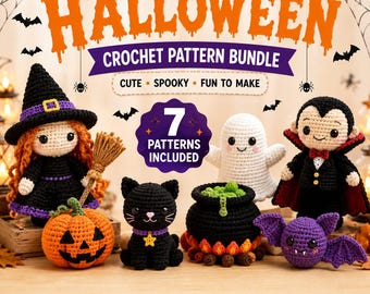Halloween Crochet Pattern Bundle Amigurumi Witch Vampire Ghost Black Cat Pumpkin Bat Cauldron 7 PDF Patterns Beginner Instant Download