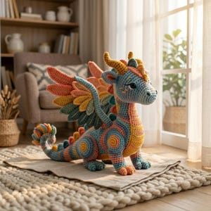 Könnte beinhalten: Ein gehäkeltes Drachen-Stofftier mit einem mehrfarbigen Muster aus blauem, orangem, gelbem und türkisfarbenem Garn. Die Kreatur hat große Flügel, einen geringelten Schwanz und zwei kleine Hörner auf dem Kopf. Der Körper zeigt kreisförmige Maschen.