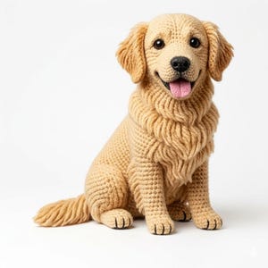 May include: A crocheted golden retriever dog figurine in a sitting position. The dog has a light tan color with a fluffy mane, floppy ears, and a pink tongue. The dog's eyes are dark brown, and the nose is black.