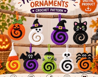 Halloween Crochet Pattern Bundle, Amigurumi Ornament Charm PDF  Pumpkin Ghost Witch Skeleton Spider Coaster Applique Digital Download