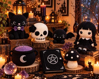 Gothic Crochet Pattern Bundle Amigurumi Black Cat Skull Bat Goth Doll Cauldron Mushroom Six PDF Patterns Halloween Beginner Instant Download