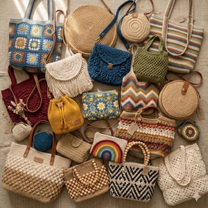May include: A collection of various handmade crochet bags in different shapes, sizes, and colors. The bags include tote bags, shoulder bags, and small purses, showcasing a variety of patterns, including floral, geometric, and striped designs. Some bags feature wooden handles or leather accents.