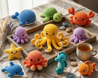 Marine Life Crochet Pattern, Under The Sea Amigurumi Whale Shark Turtle Octopus Dolphin, DIY Plushie Toy PDF Download