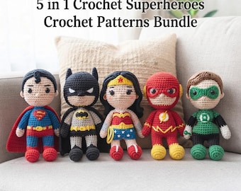 Superhero Crochet Pattern Bundle, 5 in 1 Amigurumi Hero Dolls PDF, Cape Mask Crochet Toy, Nerd Gift, Digital Download