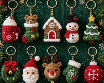 Christmas Keychain Crochet Pattern Bundle, Amigurumi Ornament PDF, Holiday Bag Charm Pattern, Digital Download, Beginner Intermediate