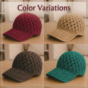 Może przedstawiać: Cztery szydełkowe czapki bejsbolowe w różnych kolorach: bordowym, beżowym, ciemnobrązowym i morskim. Czapki mają teksturowany, ażurowy wzór i usztywniony daszek. Obraz zawiera tekst "Color Variations".