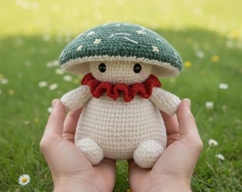Lalka amigurumi w kształcie grzyba robiona na szydełku | Ręcznie robiony pluszowy zwierzak Kawaii | Dekoracja pokoju Cottagecore w stylu wróżek | Urocze leśne prezenty na urodziny