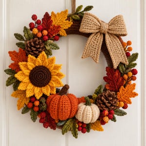 Può includere: Una ghirlanda circolare all'uncinetto con un grande girasole giallo, una zucca arancione, una zucca bianca, pigne marroni, bacche rosse e varie foglie dai colori autunnali. Un grande fiocco all'uncinetto color marrone chiaro è fissato in alto.