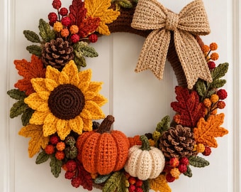 Crochet Pumpkin Door Hanger Pattern, Autumn Sunflower, fall crochet , thanksgiving decor