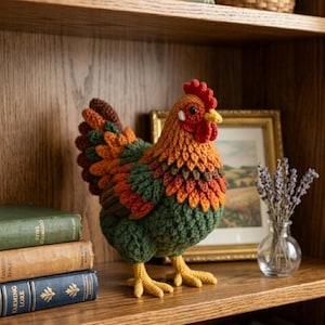 May include: A handcrafted crochet rooster figurine in shades of orange, green, brown, and red. The rooster has a detailed comb, wattle, and yellow feet. It is displayed on a wooden shelf with books and a framed picture.