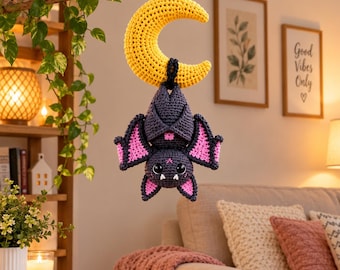 Bat Crochet Pattern Halloween Amigurumi Hanging Moon Bat PDF Crochet Pattern Gothic Decor Spooky Cute Plush DIY Craft Intermediate