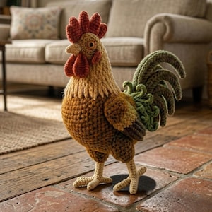 May include: A handcrafted crochet rooster figurine. The rooster features a red comb and wattle, a tan beak, and a body in shades of brown, tan, and green. The decorative item is standing on a wooden floor.