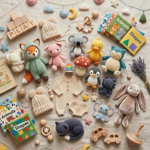 May include: A selection of handmade baby toys and clothing. The image shows crochet animals such as a fox, pig, koala, duck, and penguin. There are also knitted hats, a romper, wooden blocks spelling "PLAY", and soft books with animal and shape illustrations.
