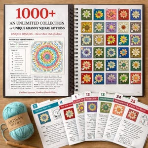Könnte beinhalten: Ein aufgeschlagenes Buch mit Spiralbindung zeigt farbenfrohe Häkelmuster, darunter ein lebendiges Mandala und zahlreiche Granny Squares. Der Text lautet "1000+ Eine unbegrenzte Sammlung einzigartiger Granny Square Muster". Ein Knäuel türkisfarbener Wolle und Musterkarten sind ebenfalls zu sehen.
