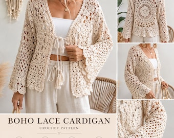 Boho Lace Cardigan Crochet Pattern, Crochet Cardigan Pattern PDF, Beginner Crochet Sweater Pattern, Lace Duster Cardigan, Boho Crochet Top