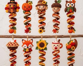 Crochet Ornament Pattern PDF Fall Spiral Amigurumi Turkey Pumpkin Owl Fox Acorn Scarecrow Thanksgiving Harvest Decorations Digital Downloads