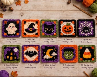 Halloween Granny Square Crochet Pattern bundle  10 Spooky Motifs Ghost Pumpkin Black Cat Bat Witch Hat Blankets Digital Download