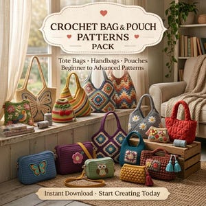 May include: A collection of various crochet bags and pouches featuring diverse designs including a butterfly tote, floral motifs, granny squares, and animal patterns. The image includes text reading CROCHET BAG & POUCH PATTERNS PACK and Instant Download Start Creating Today.