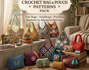 Crochet Bag Pattern Collection, Granny Square Tote Bags, Floral Handbag, Boho Market Bag Pouch Crossbody PDF Download