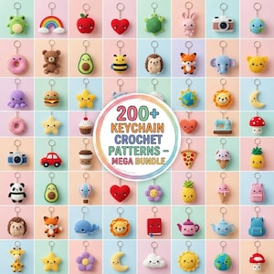 Puede incluir: Una colección de llaveros de ganchillo coloridos en varias formas, incluyendo animales, alimentos y otros diseños lindos. La imagen presenta una variedad de patrones de ganchillo, con un gráfico central que dice "200+ KEYCHAIN CROCHET PATTERNS - MEGA BUNDLE."