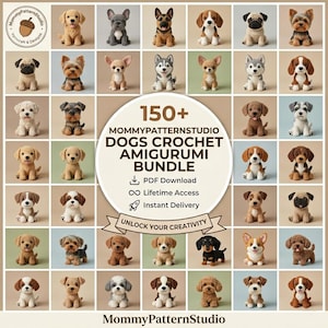 Op de afbeelding: Een raster van gehaakte honden amigurumi in verschillende rassen en kleuren. De afbeelding bevat een centrale afbeelding met de tekst "150+ DOGS CROCHET AMIGURUMI BUNDLE" met PDF-download, levenslange toegang en directe leveringsinformatie. Het logo van MommyPatternStudio is ook zichtbaar.