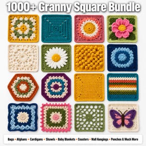 May include: A collection of colorful, handmade granny squares in various designs. The squares feature floral, geometric, and textured patterns in shades of yellow, green, blue, pink, and purple. Text at the top reads "1000+ Granny Square Bundle".